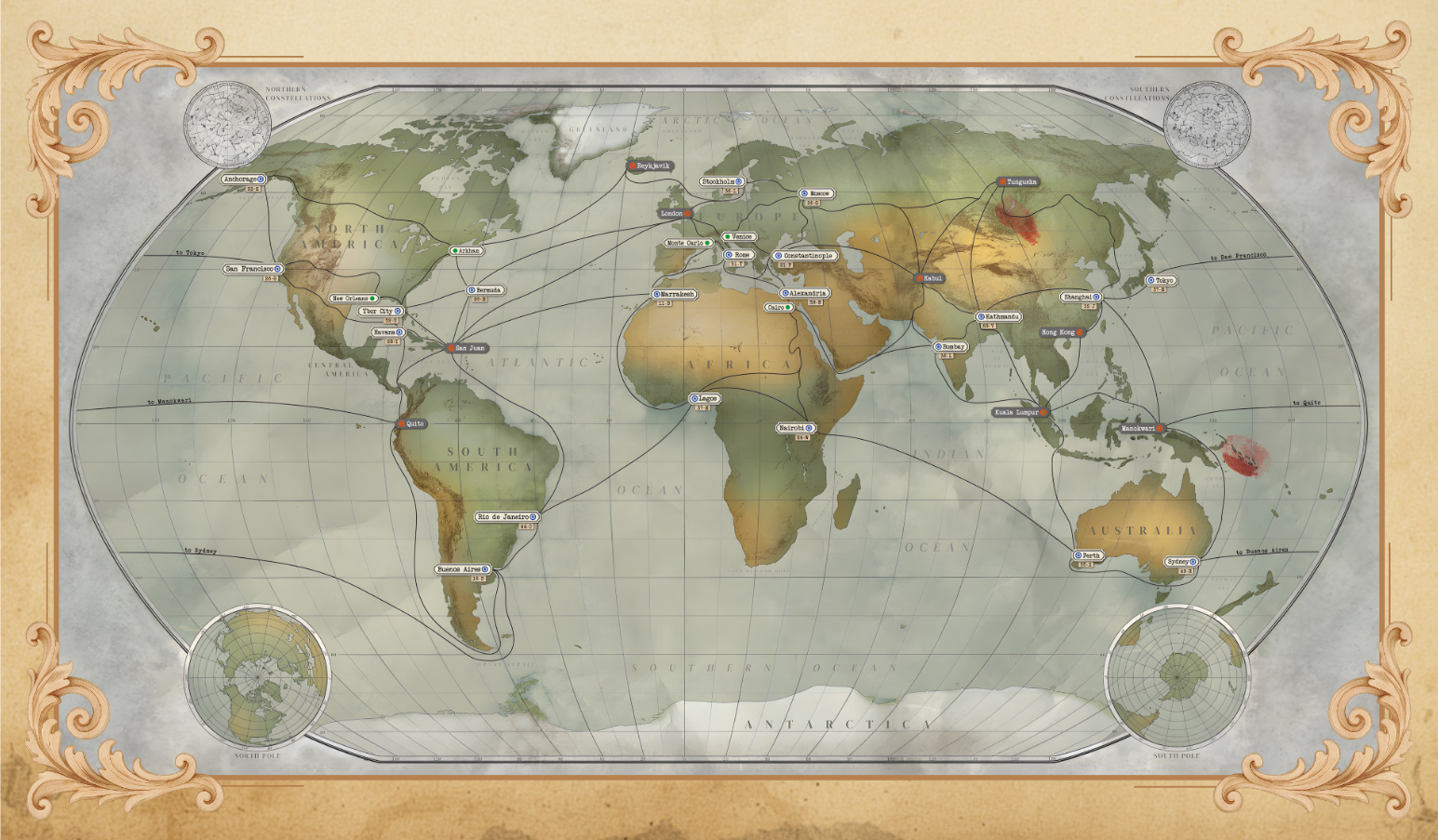 Map of the world with route connections from The Scarlet Keys marked